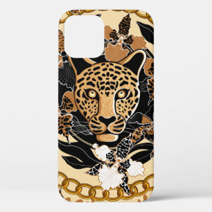 leopard's head surrounded by orchids, gold chain a iPhone 12 case