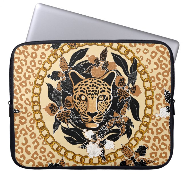 leopard's head surrounded by orchids, gold chain a laptop sleeve (Front)