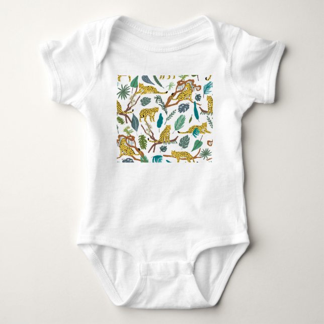 Leopards in jungle, hand-drawn pattern. baby bodysuit (Front)