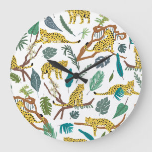 Leopards in jungle, hand-drawn pattern. large clock