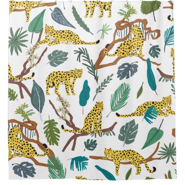 Leopards in jungle, hand-drawn pattern. shower curtain (Front)