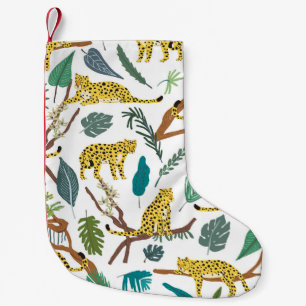 Leopards in jungle, hand-drawn pattern. small christmas stocking