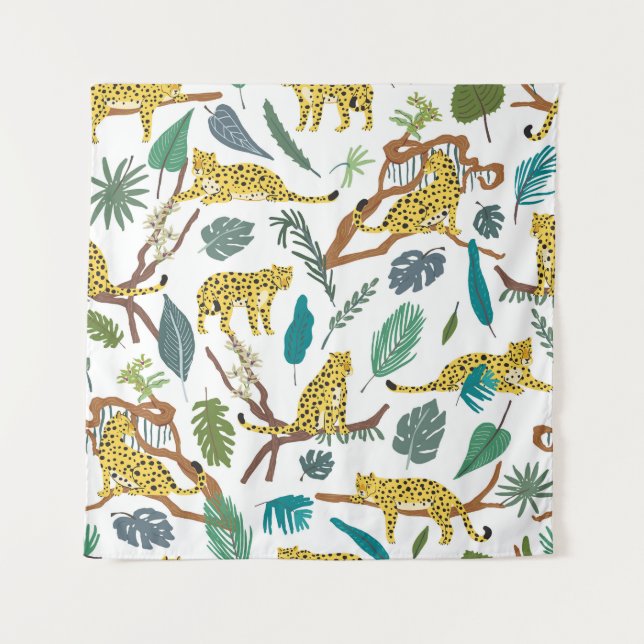 Leopards in jungle, hand-drawn pattern. tapestry (Front)