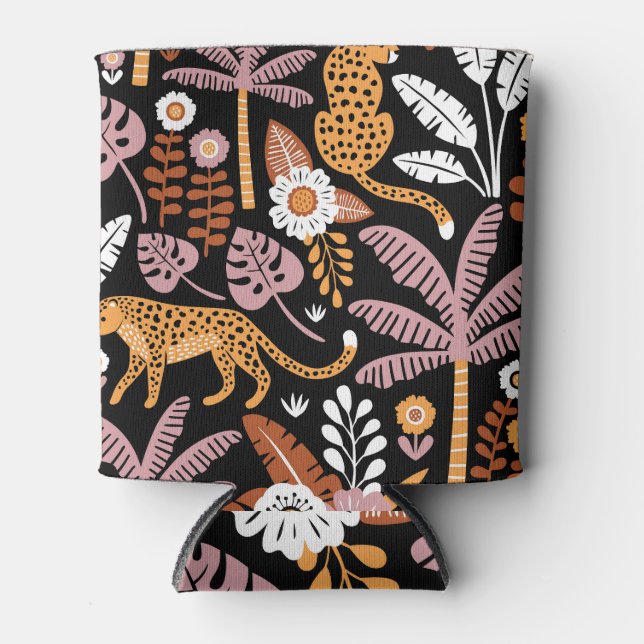 Leopards Palms Vintage Seamless Pattern Can Cooler (Front)