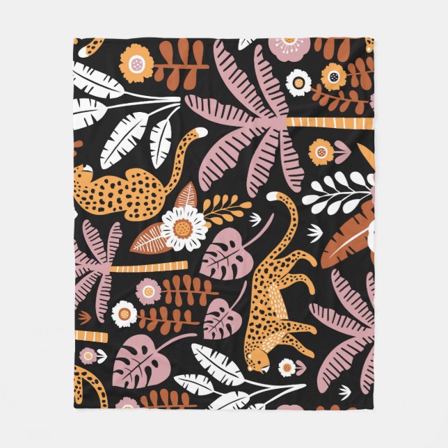 Leopards Palms Vintage Seamless Pattern Fleece Blanket (Front)