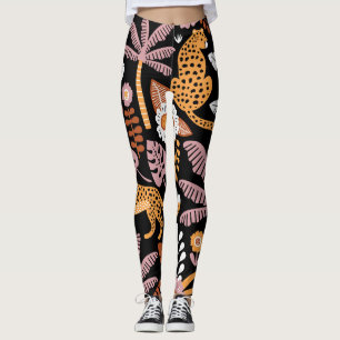 Leopards Palms Vintage Seamless Pattern Leggings