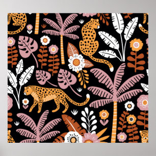 Leopards Palms Vintage Seamless Pattern Poster