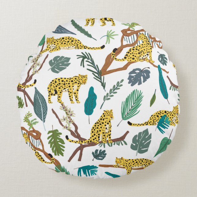 Leopards wild animals in jungle forest hand drawn  round cushion (Front)