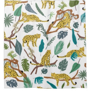 Leopards wild animals in jungle forest hand drawn shower curtain