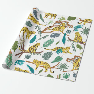 Leopards wild animals in jungle forest hand drawn wrapping paper