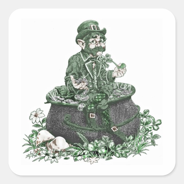 Leprechaun and Pot of Gold Square Sticker (Front)