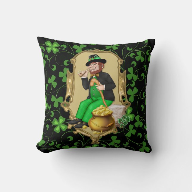 Leprechaun and Shamrocks Cushion (Front)