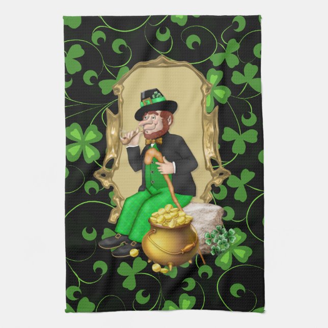 Leprechaun and Shamrocks Tea Towel (Vertical)