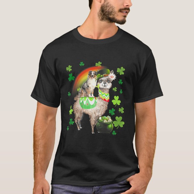 Leprechaun Australian Shepherd Riding Llama St Pat T-Shirt (Front)