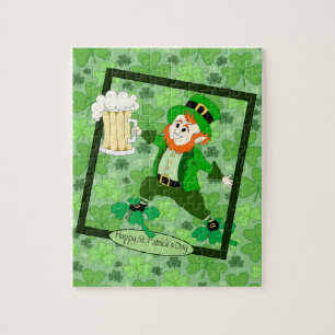 Leprechaun + Beer "Happy St. Patrick's Day" Jigsaw Puzzle