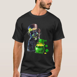 Leprechaun Black Cat With Shamrock For St Patrick' T-Shirt