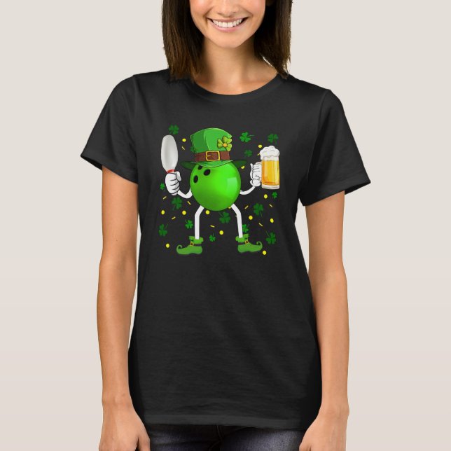 Leprechaun Bowling Ball Pin & Glass Of Beer St Pat T-Shirt (Front)