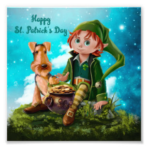Leprechaun boy, Irish Terrier and pot of gold Photo Print