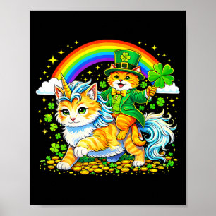 Leprechaun cat riding unicorn cat shamrock rainbow poster