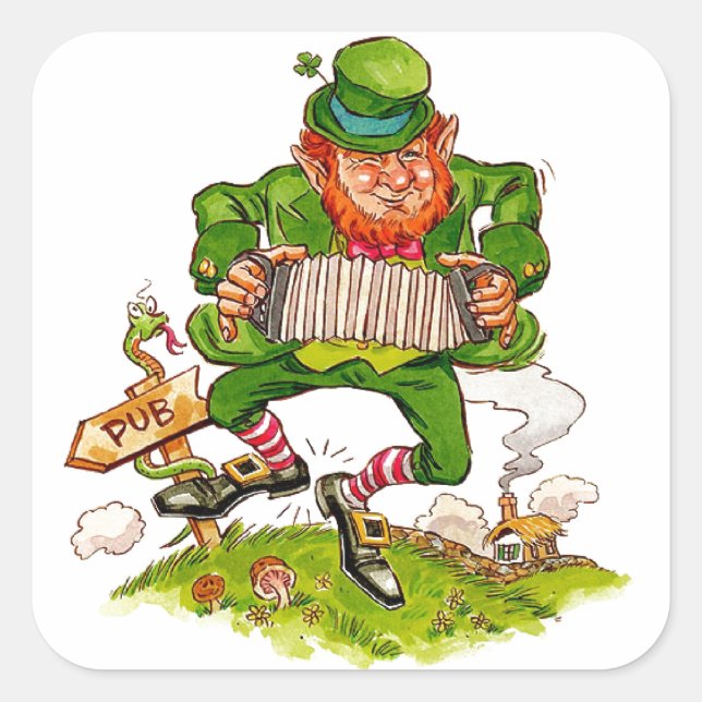 Leprechaun Dancing a Jig, Happy St. Patrick's Day  Square Sticker (Front)