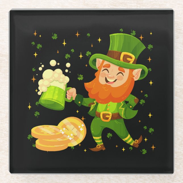 Leprechaun Drinking Beer St. Patrick's Day Glass Coaster (Front)