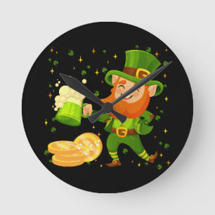 Leprechaun Drinking Beer St. Patrick's Day Round Clock