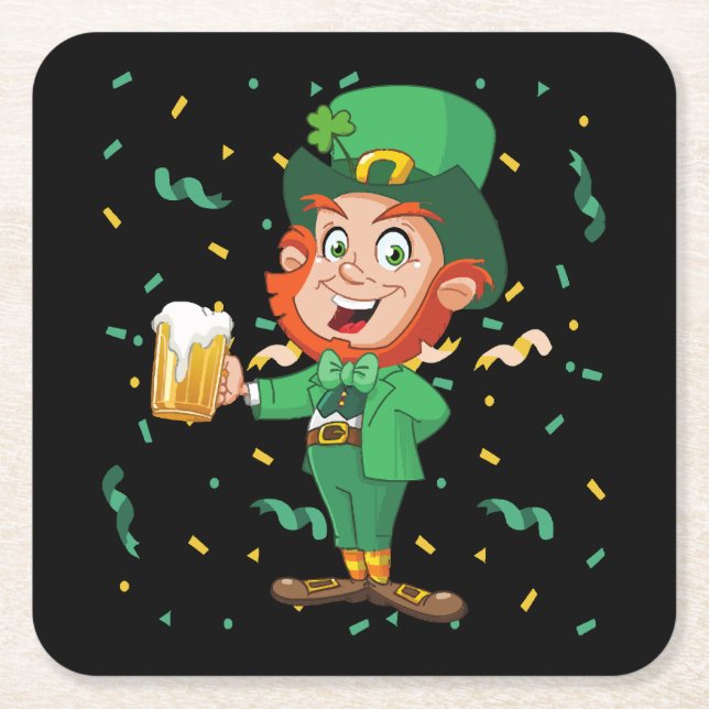 Leprechaun Drinking Beer St. Patrick's Day Square Paper Coaster (Front)