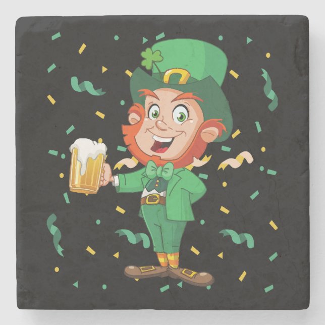 Leprechaun Drinking Beer St. Patrick's Day Stone Coaster (Front)
