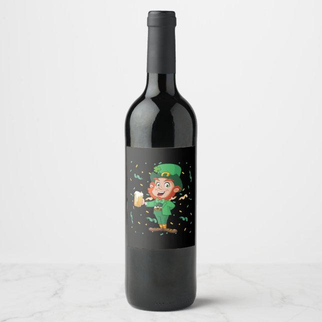 Leprechaun Drinking Beer St. Patrick's Day Wine Label (Front)