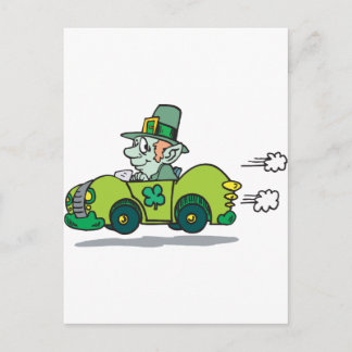 Leprechaun Driving A Green Car Postcard