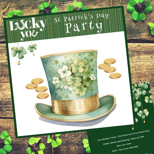 Leprechaun Hat and Gold Coins Party Invitation (Lucky you St Patrick's Day Irish top hat customizable party invitation in green and gold. )