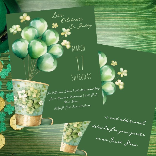 Leprechaun Hat with Balloons and Shamrocks  Invitation (Gold and Irish green shamrocks and top hat with balloons St Patrick's Day customizable party invites)