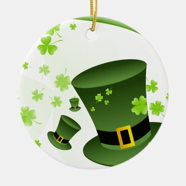 Leprechaun hats with 4 leaf clovers ceramic tree decoration (Front)