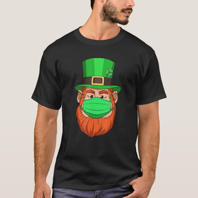 Leprechaun In Mask Quarantine Funny St Patricks Da T-Shirt (Front)