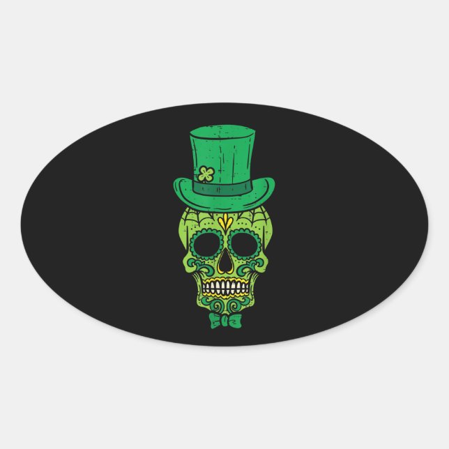 Leprechaun Irish Sugar Skull St Patricks Day Oval Sticker (Front)