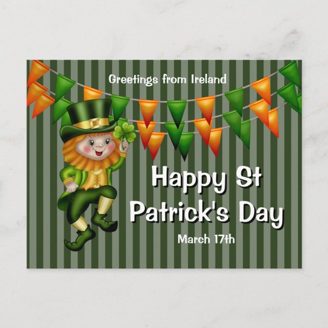 Leprechaun jig lucky shamrock green orange bunting postcard (Front)