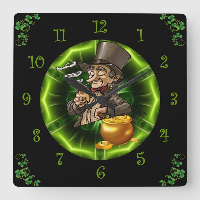 Leprechaun Leaning On Pot Of Gold  Square Wall Clock (Front)