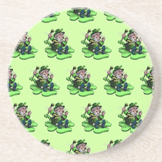 Leprechaun On Shamrock Sandstone Coaster (Front)