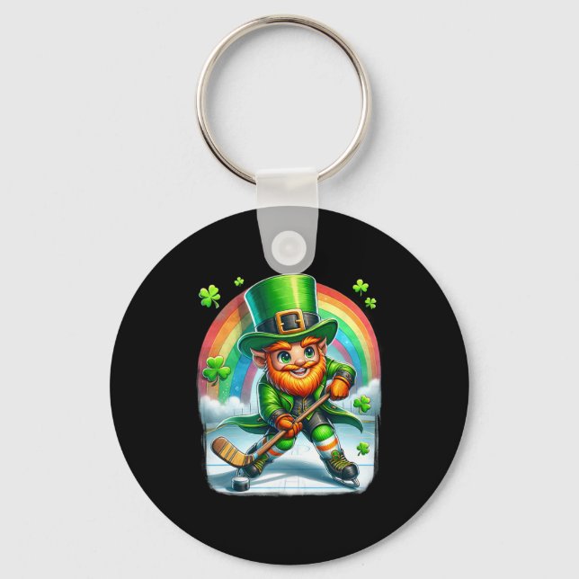 Leprechaun Playing Ice Hockey Saint Patricks Day  Key Ring (Front)