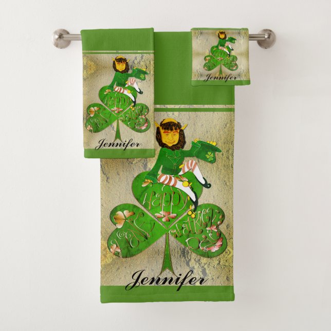Leprechaun Shamrock "Happy St. Patrick's" Bath Towel Set (Insitu)