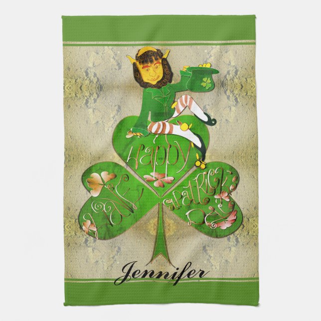 Leprechaun Shamrock "Happy St. Patrick's" Kitchen Tea Towel (Vertical)