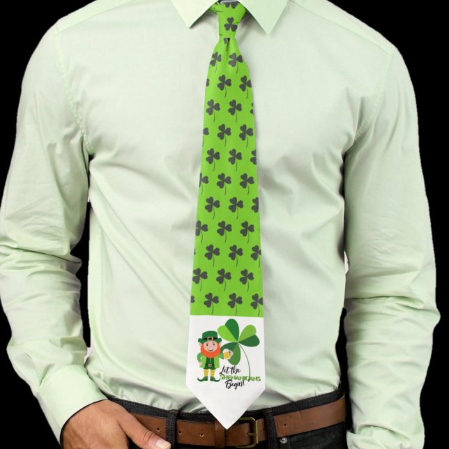 Leprechaun St Patrick’s Day Shamrocks Shenaningans Tie (In situ on a light green shirt)