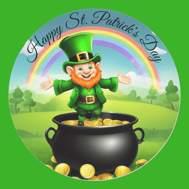 Leprechaun St. Patrick's Pot of Gold Rainbow Classic Round Sticker (Creator Uploaded)