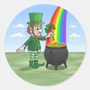 Leprechaun standing at the end of the rainbow classic round sticker