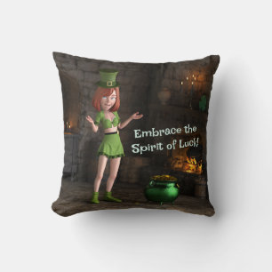 Leprechaun Toon Girl Next to the Pot of Gold Cushion