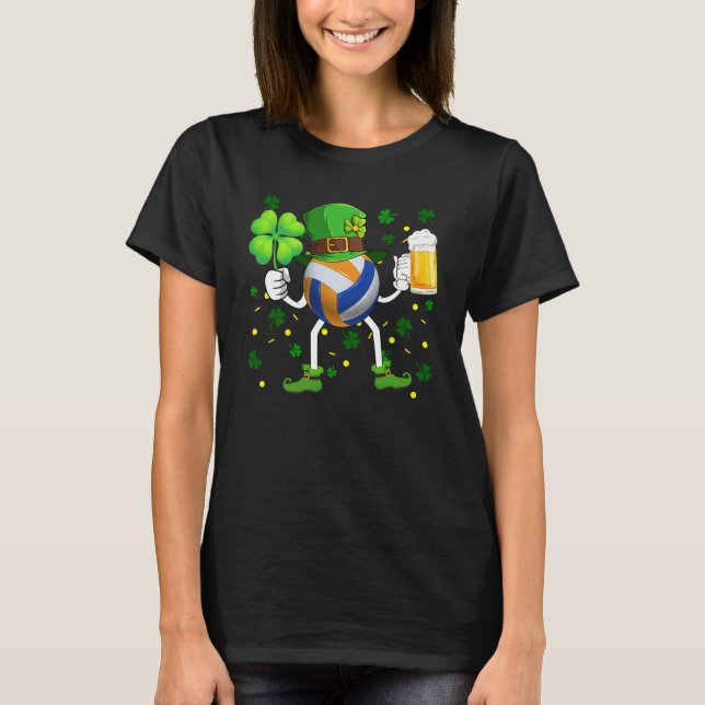 Leprechaun Volleyball Ball Beer Glass Shamrock Pat T-Shirt (Front)