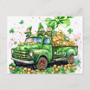 Leprechauns on truck full gold  Clover leaves Postcard