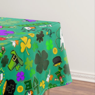 Leprechauns Shamrocks Gold Mushrooms Irish Green Tablecloth
