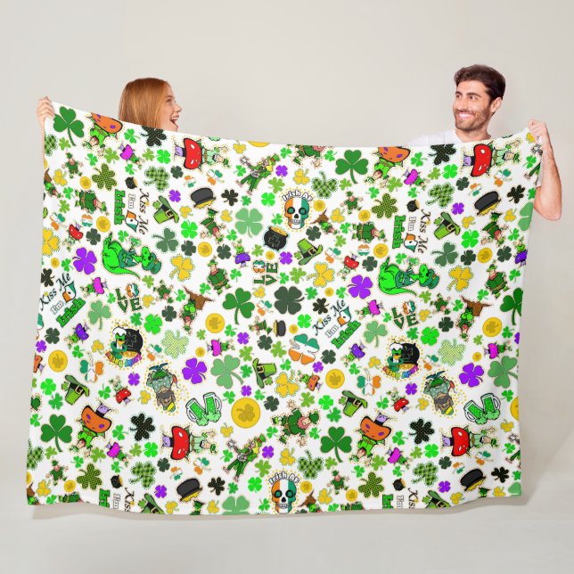 Leprechauns Shamrocks Gold Mushrooms Kiss Me Irish Fleece Blanket (In Situ)