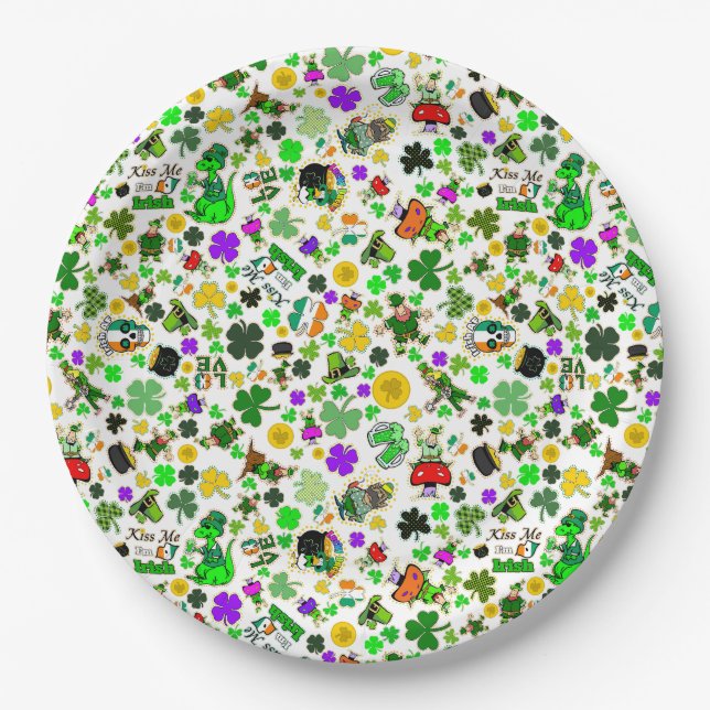 Leprechauns Shamrocks Gold Mushrooms Kiss Me Irish Paper Plate (Front)